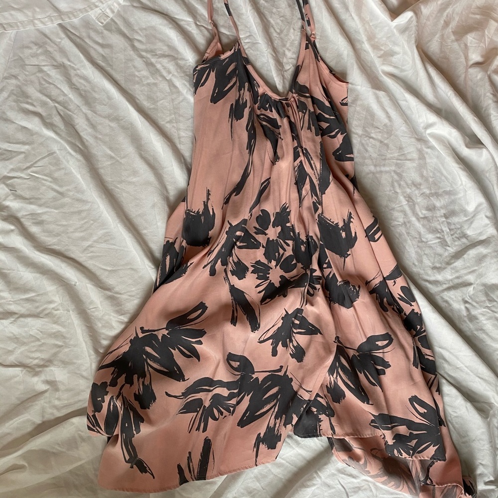 pink and grey flowered dress